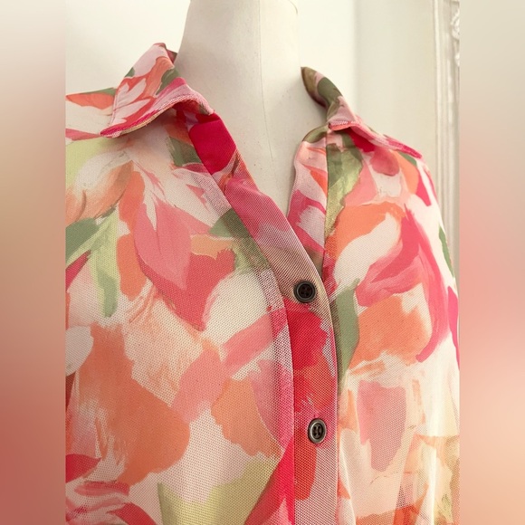 Terra & Sky Pink Floral Pink & Green Sheer Button Down Tunic | Size 0X - Picture 4 of 9